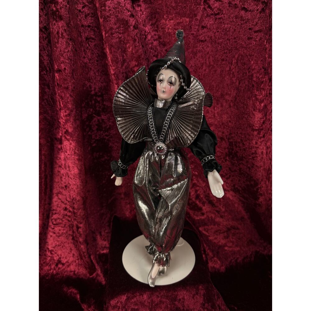 Vintage Silvestri Porcelain Pierrot Doll Silver Metallic Black Harlequin Figure